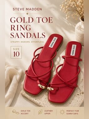 Steve Madden Gold Toe Ring Strappy Flat Sandals Red Size 10